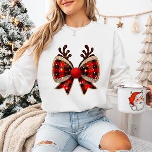 Christmas Reindeer Coquette Bow Faux Glitter Crewneck Sweatshirt S-XL